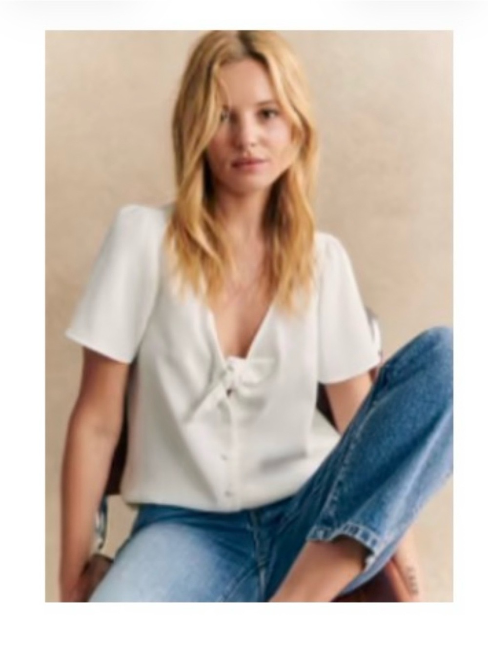 Sezane Cream Tie-Front Short Sleeve Blouse. Eloine shirt